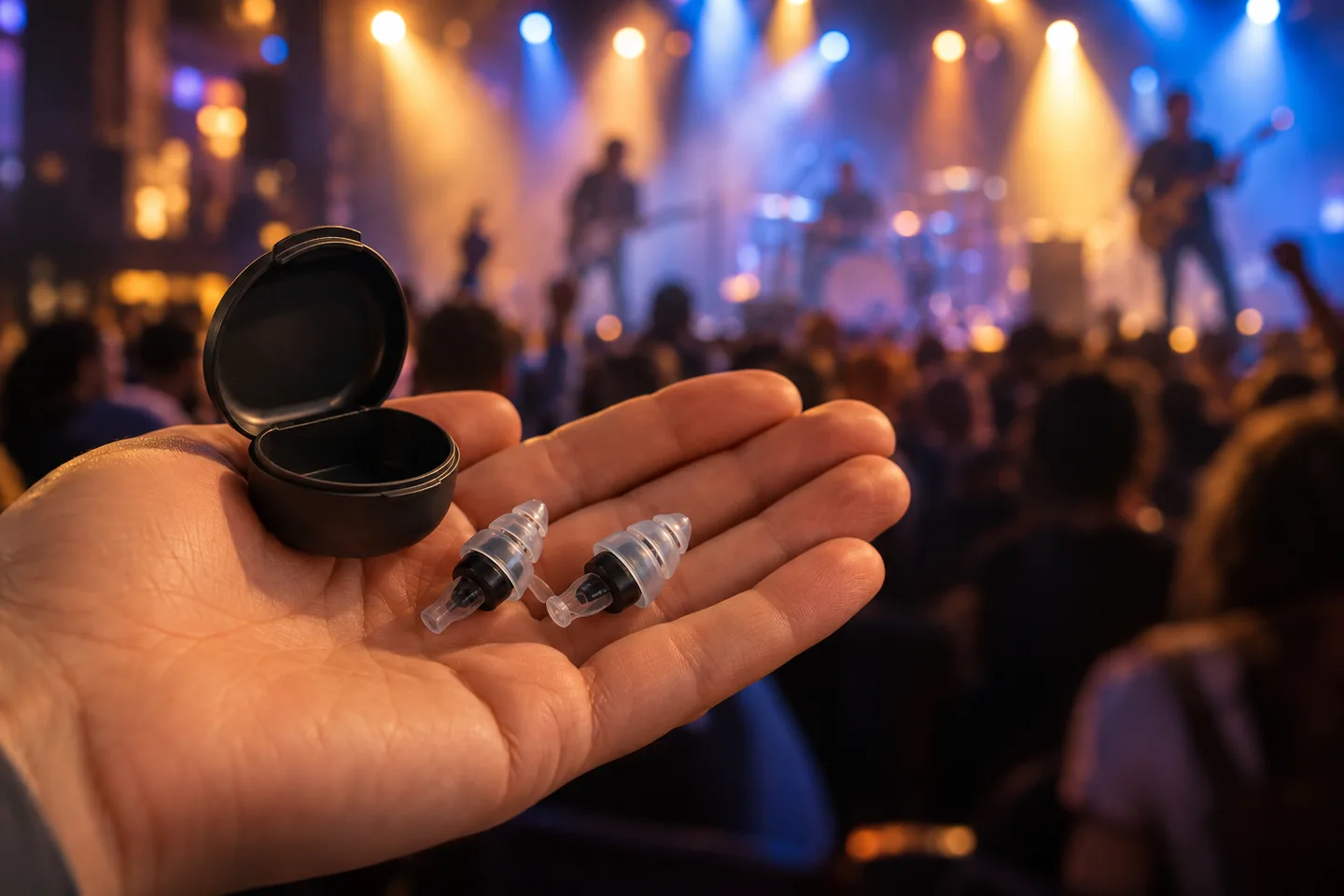 Bouchons auditifs et étui devant une scène de concert floue.