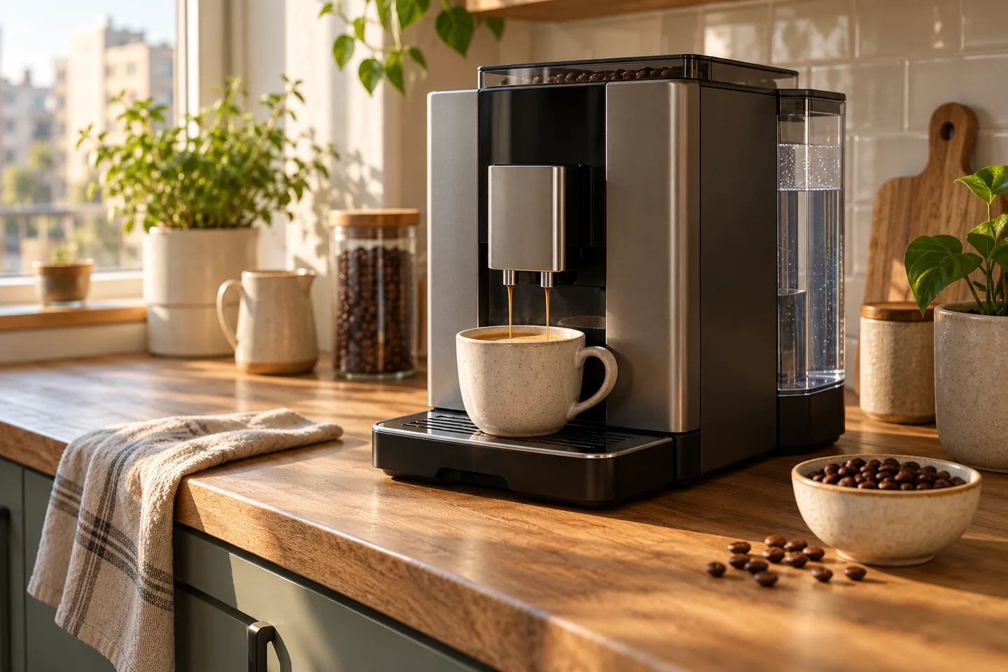 Machine à café automatique générique sur un plan de travail.