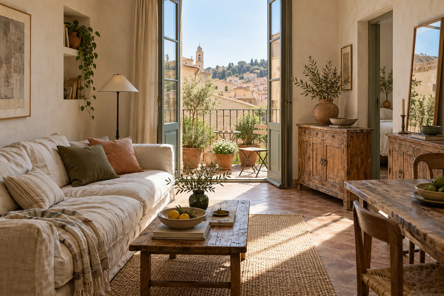 Petit salon lumineux avec meubles en bois et balcon végétalisé.
