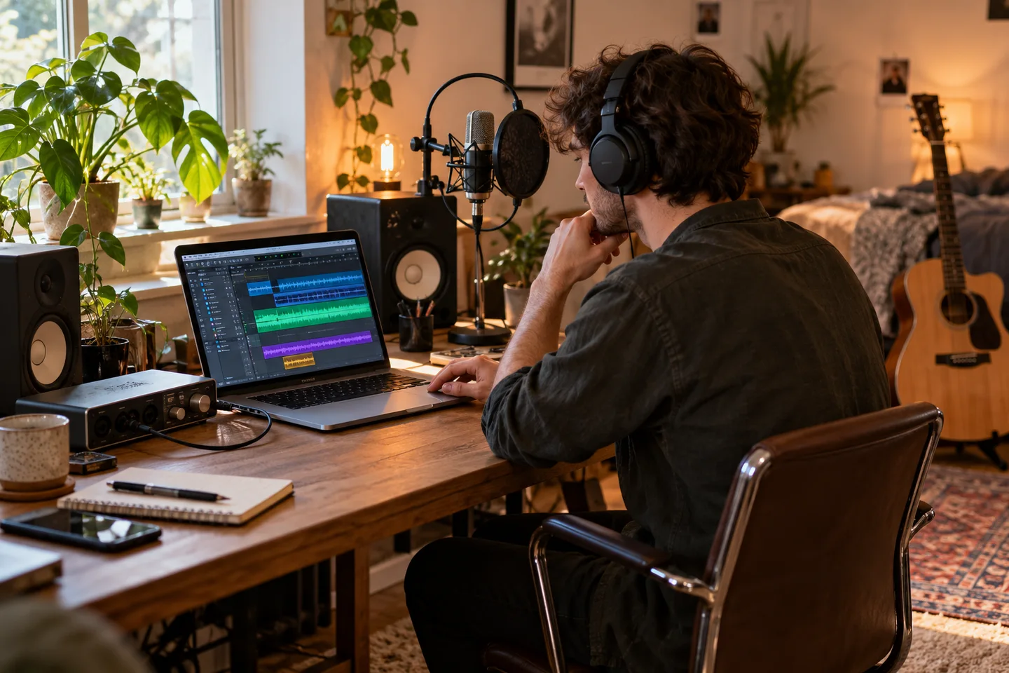 Microphone, interface audio et ordinateur dans un studio à domicile.