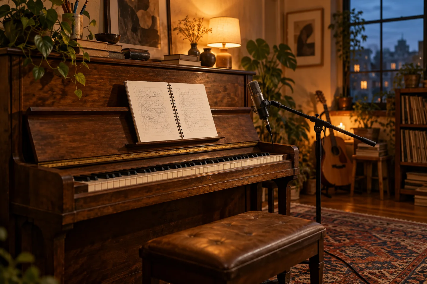 Piano acoustique et microphone dans une pièce de répétition.