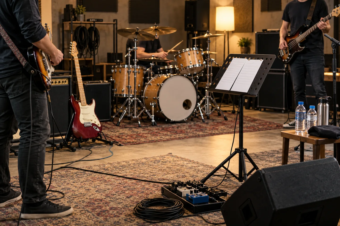 Guitares, batterie et pupitre dans une salle de répétition.