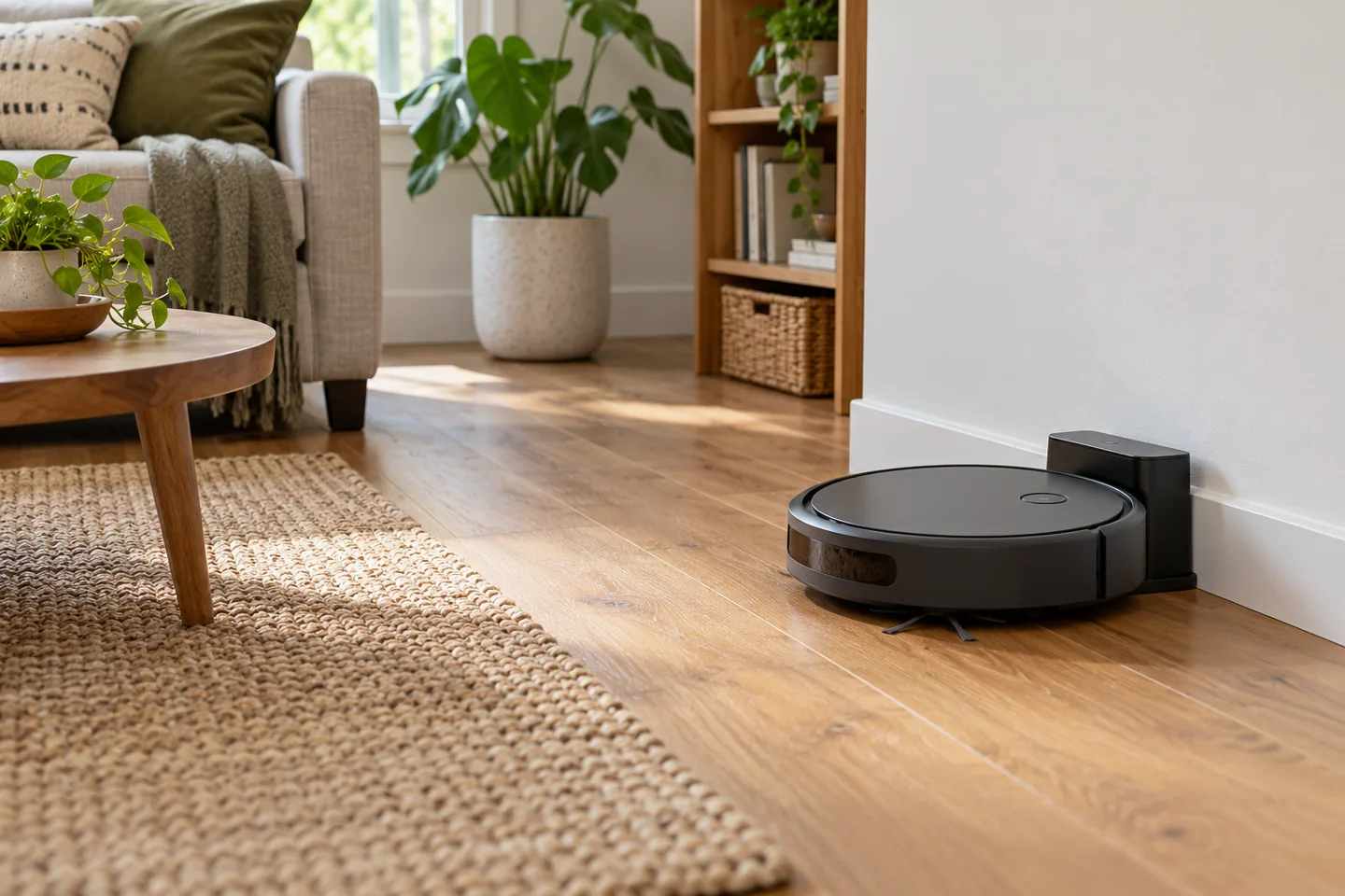 Robot aspirateur générique et station dans une pièce à sol en bois.